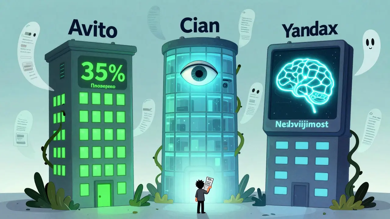 Три цифровые платформы в стиле 60-х: Авито, ЦИАН и Яндекс.Недвижимость с разным уровнем защиты, человек с выпиской из ЕГРН смотрит вверх.