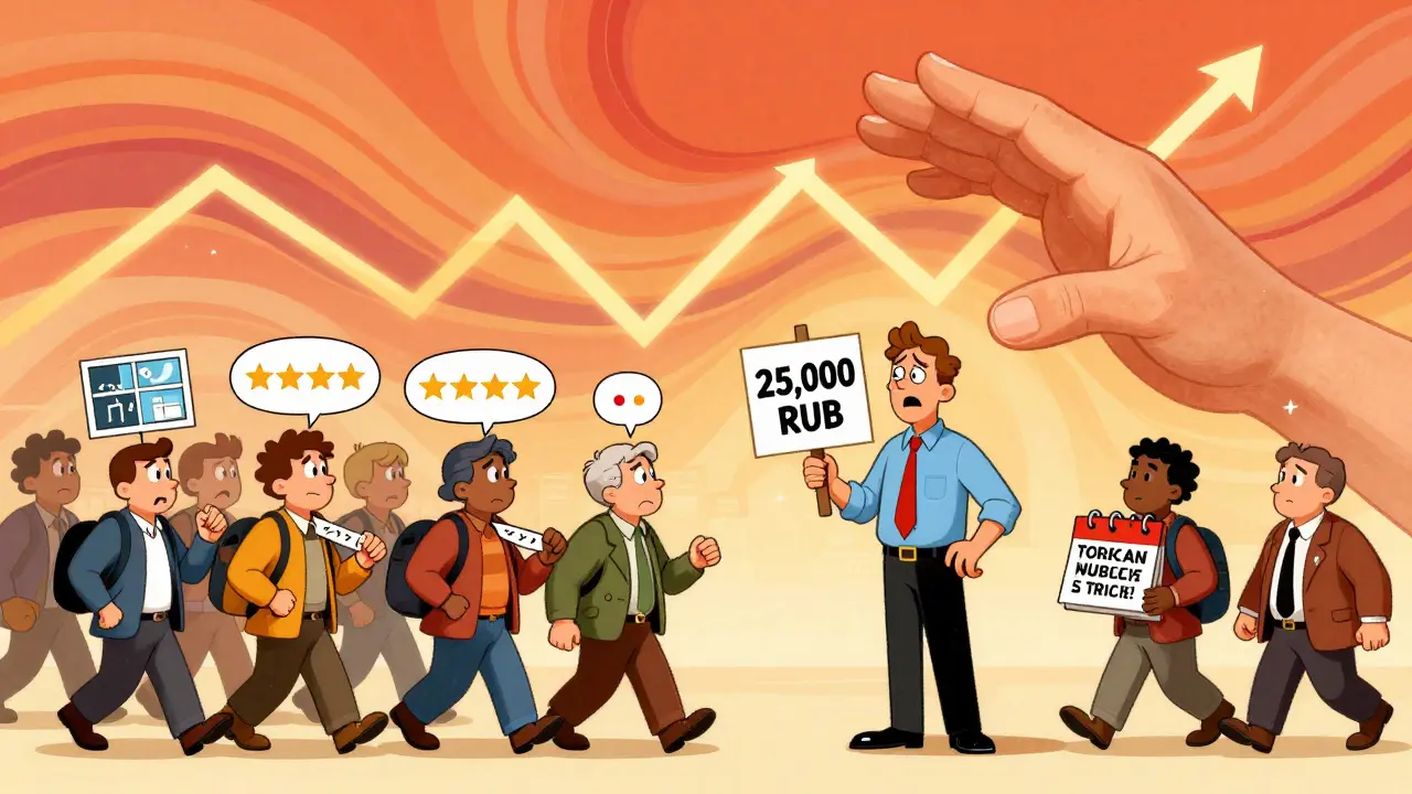 Арендодатель смотрит, как арендаторы проходят мимо, пока алгоритм корректирует цену на основе событий и отзывов.