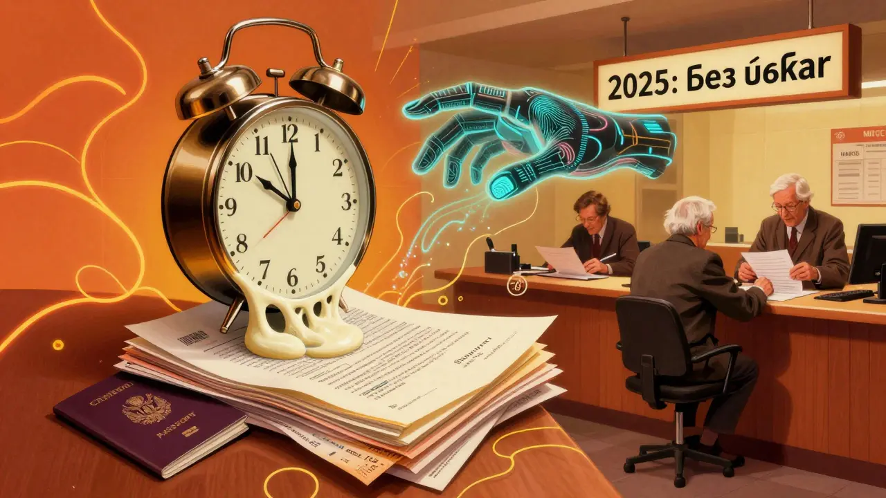 Часы тают в документах, цифровая рука сканирует отпечаток, пожилые люди используют бумажные формы в стиле психоделики.