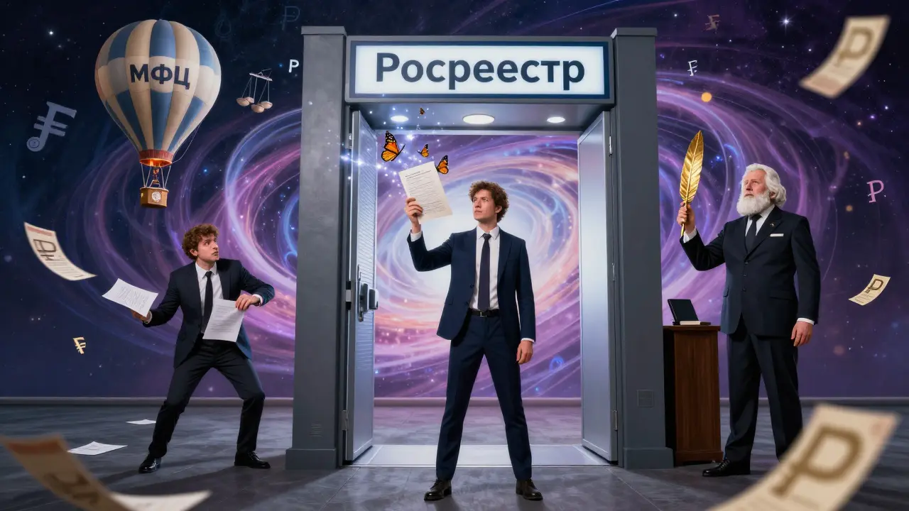 Человек отправляет документ в портал Росреестра, превращающийся в бабочек, рядом — МФЦ и нотариус в сюрреалистичном мире.