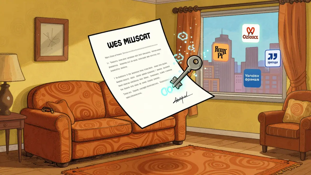 Цифровой договор в воздухе над диваном, ключ превращается в частицы, город на фоне