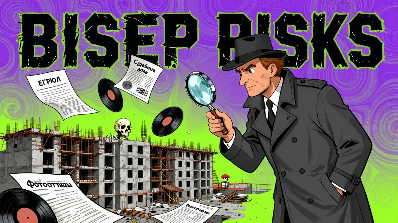 Детектив с лупой разоблачает скрытые риски стройки, вокруг — летающие документы и виниловые надписи.