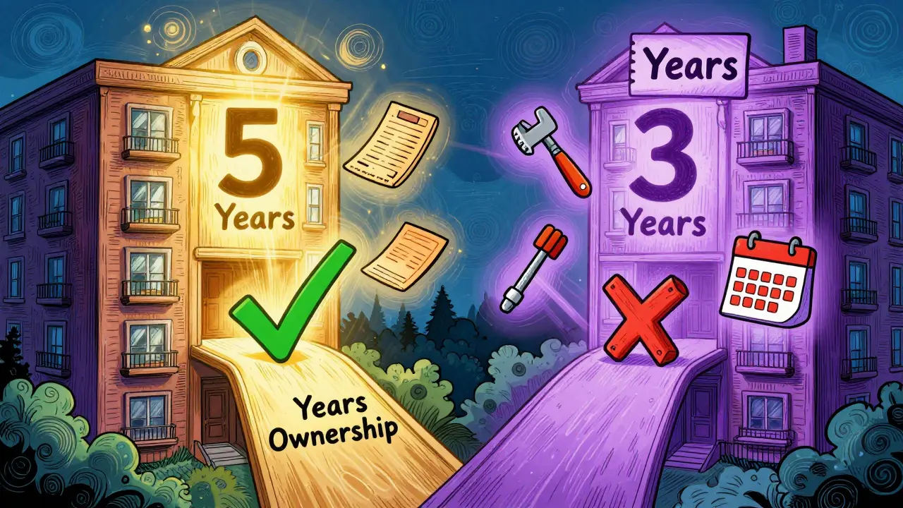 Два пути от квартиры: один — 5 лет владения, другой — 3 года, с иконками и календарями в психоделическом стиле.