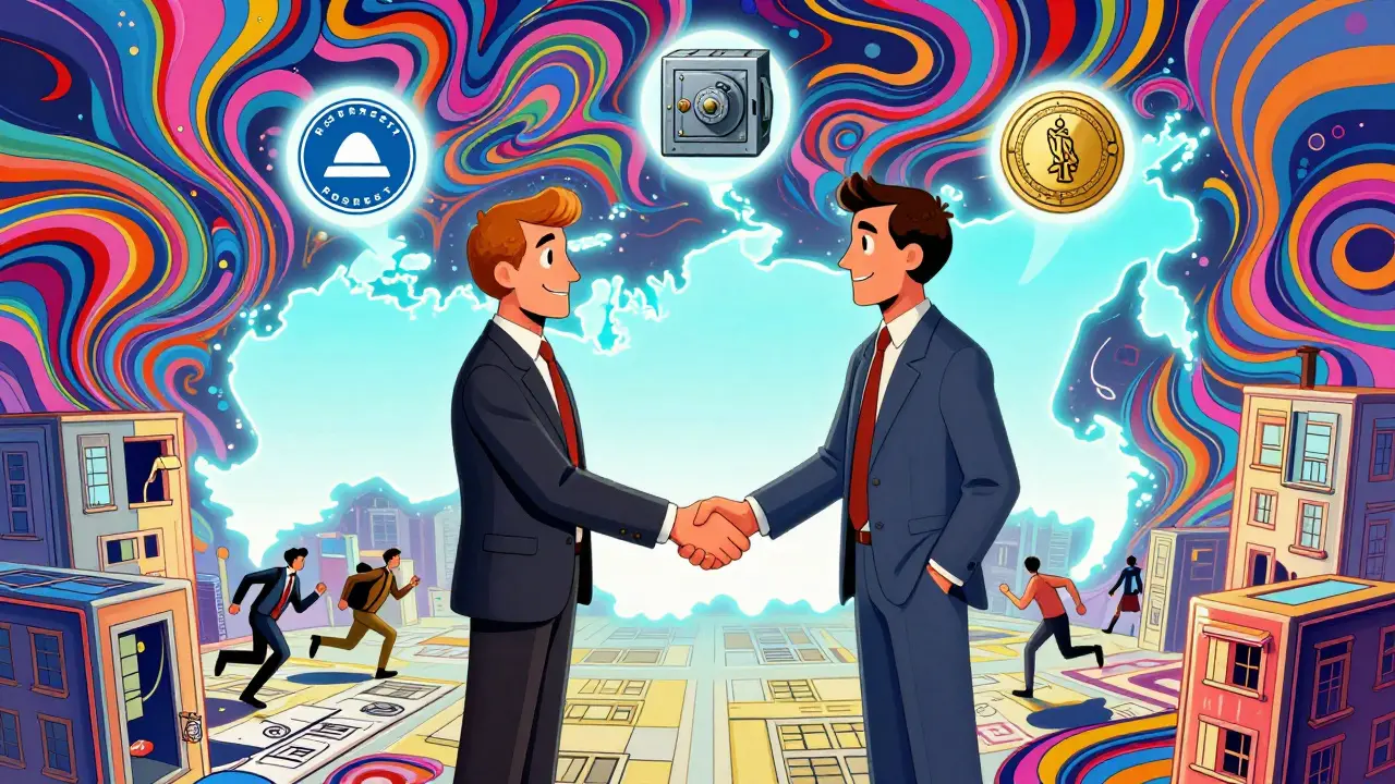 Электронная регистрация сделки через Росреестр, с символами безопасности и законности в яркой психоделической стилистике.