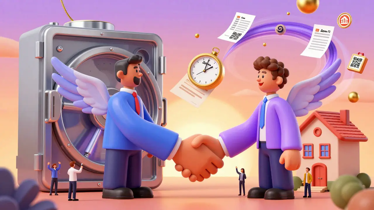 Гигантская рукопожатие между банком и продавцом, за ними — часы, тикающие от дня 1 до дня 7.