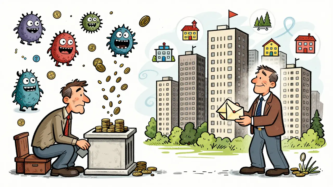 Контраст: разрушающийся депозит слева и растущая недвижимость справа, с арендными платежами и инфраструктурой в ярких формах.