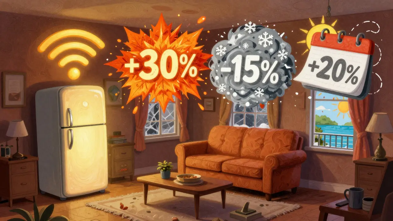 Квартира с плавающими иконками, показывающими, как ремонт, транспорт и сезоны влияют на цену аренды.