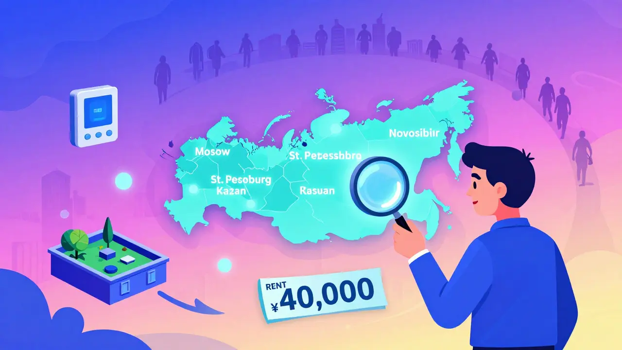 Минималистичная квартира в Новой Москве с картой России, подсвечивающей только устойчивые города, и символами аренды и умного дома.