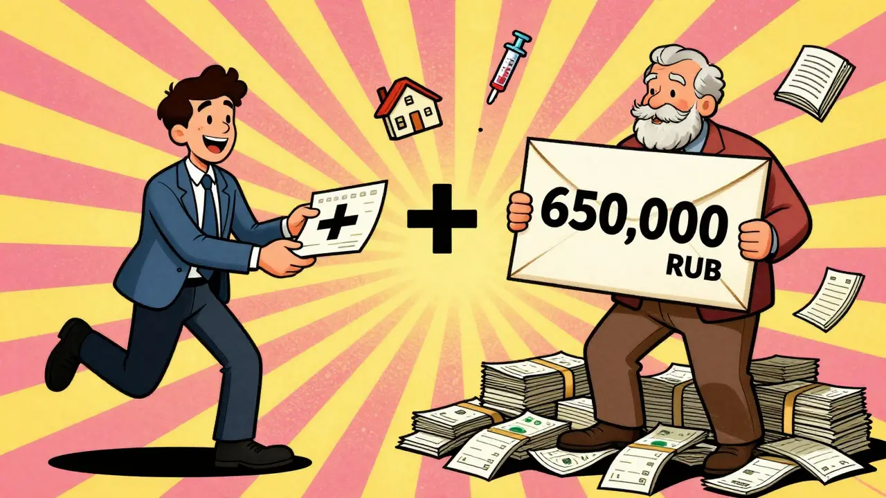 Молодой человек получает увеличенную зарплату, а пожилой человек — крупную сумму денег за покупку квартиры, вокруг — документы и символы расходов.