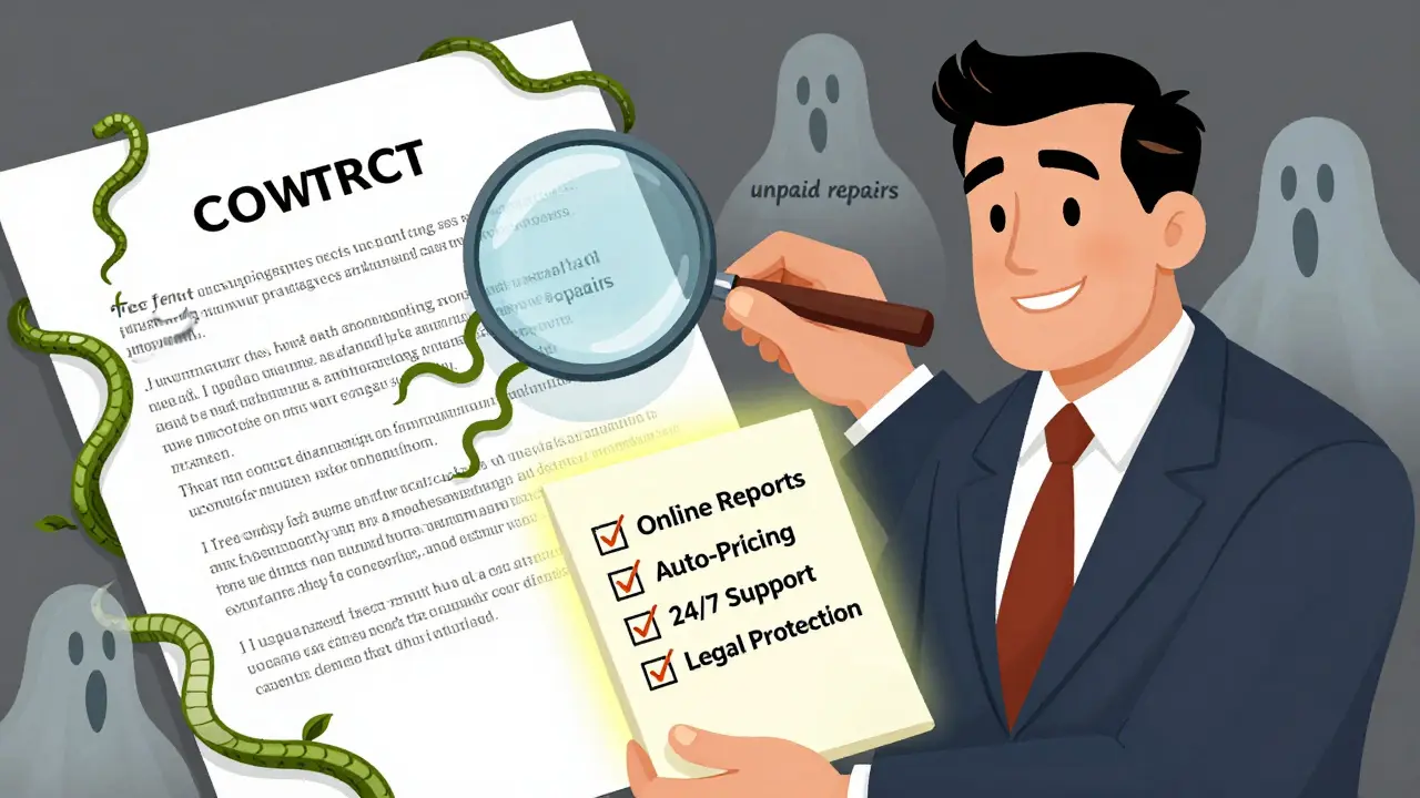 Подпись договора под лупой, где скрытые условия превращаются в змей — рядом четкий чек-лист современных услуг управления.