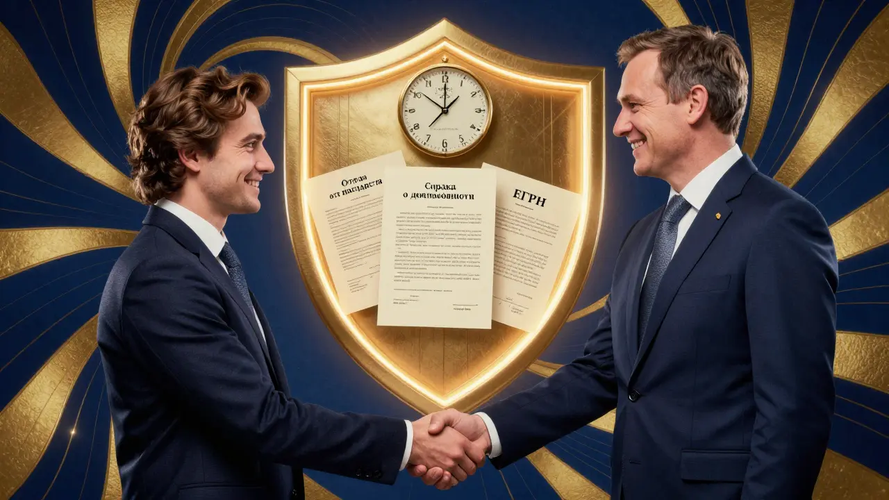 Покупатель и нотариус заключают сделку под защитой юридических документов и символического щита.