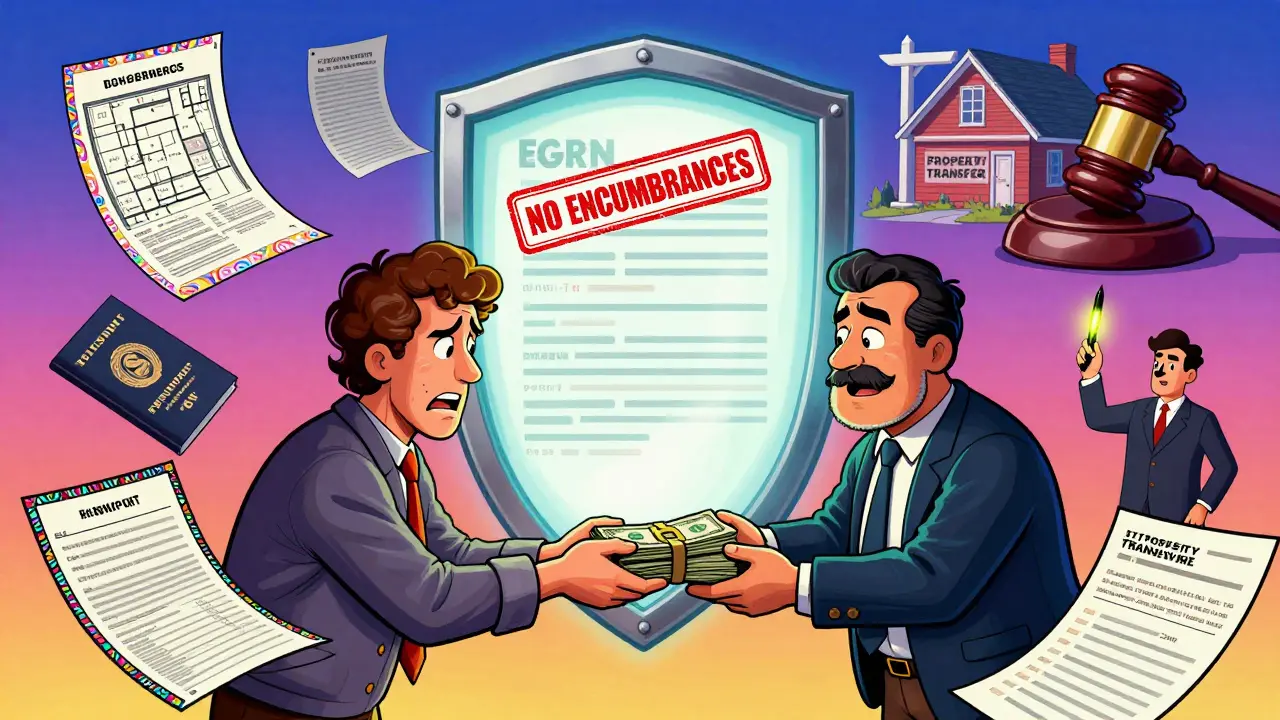 Покупатель и продавец на фоне гигантского документа EGRN с печатью, окруженные плавающими юридическими бумагами в стиле винтажной иллюстрации.