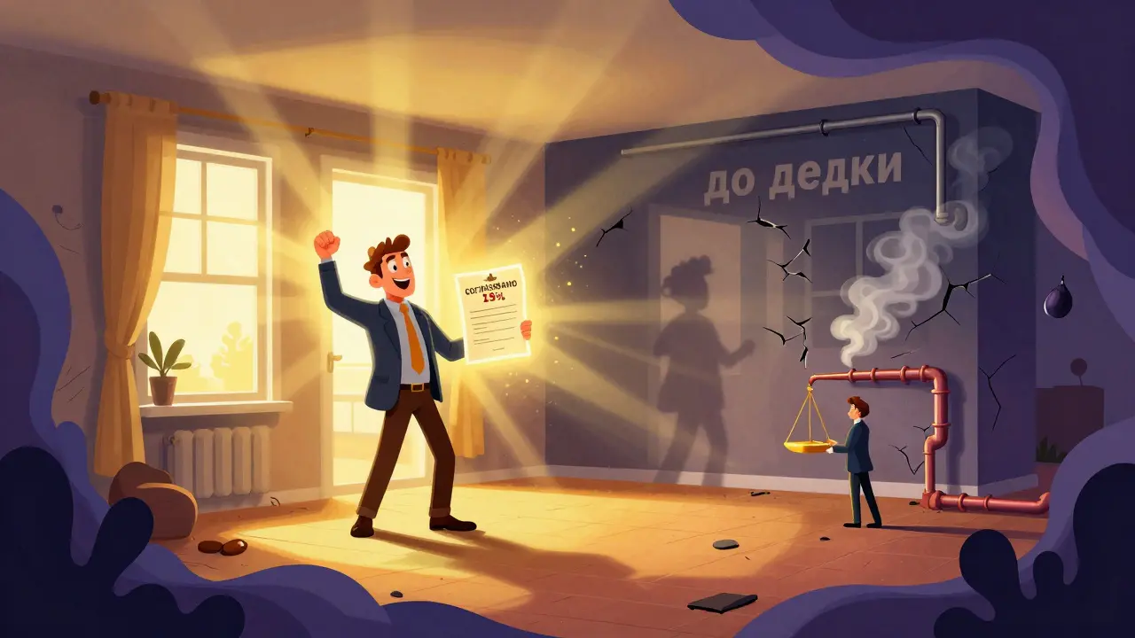 Покупатель получает согласование на узаконенную перепланировку, тень старой планировки исчезает, в руках — золотой сертификат и удержанный платёж.