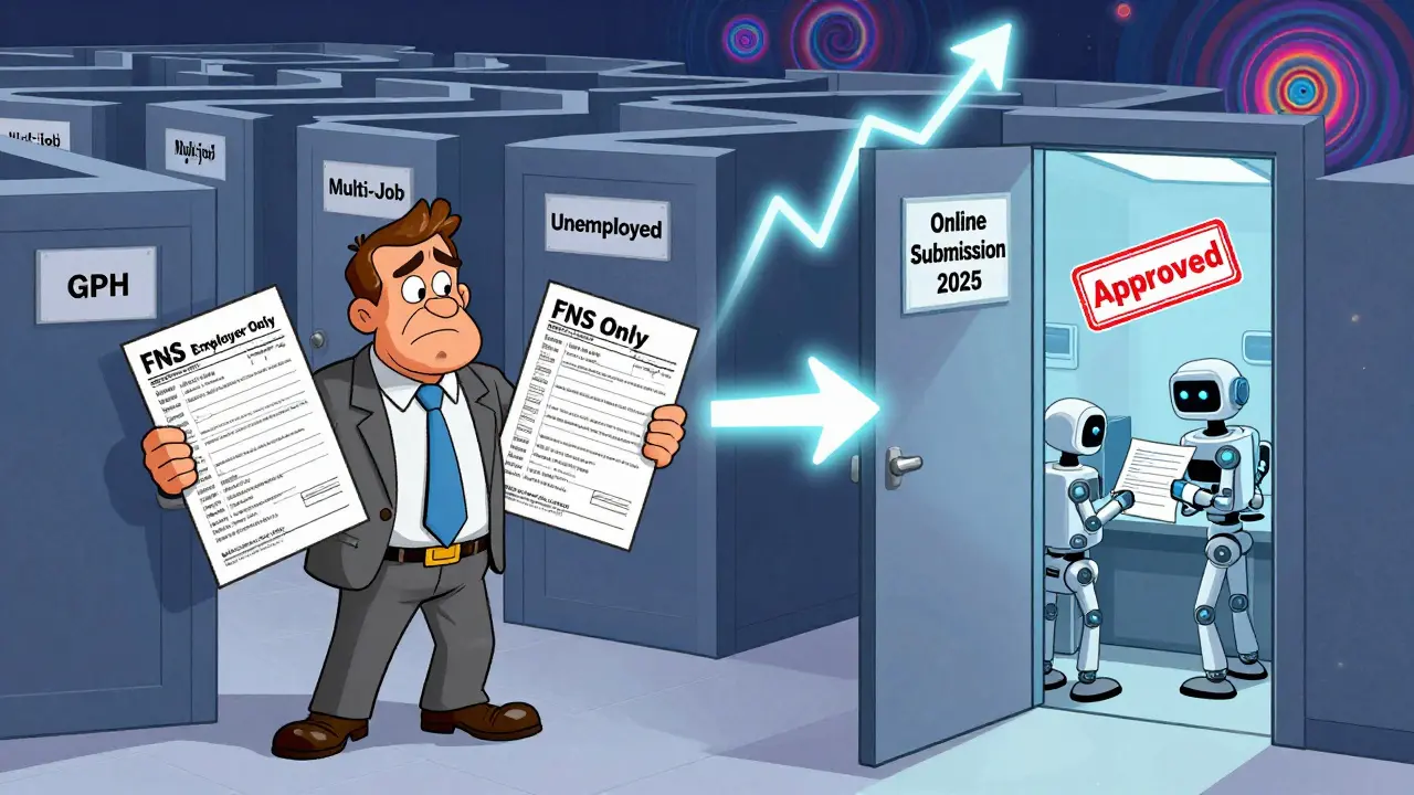 Рабочий держит два уведомления о вычете, стоит перед лабиринтом дверей, над ним — цифровой статус 'Одобрено', вокруг — психоделические узоры.