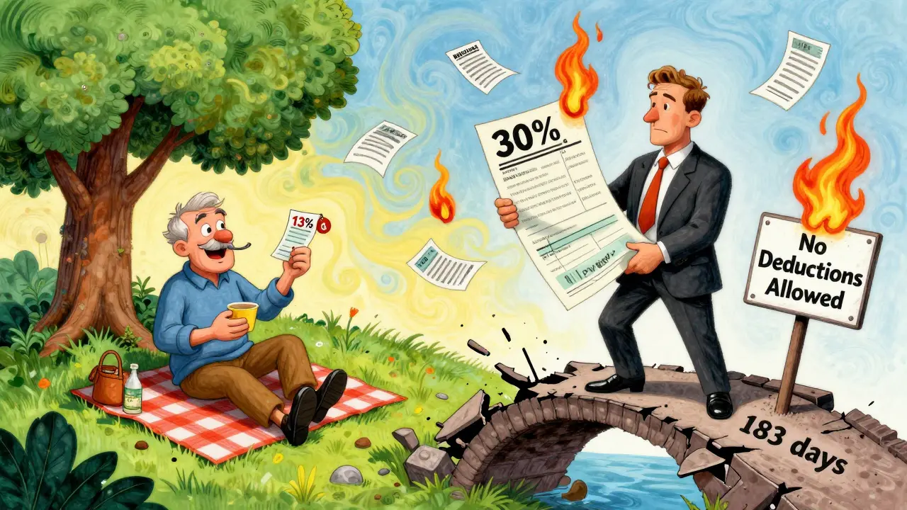 Разделенная сцена: резидент с малым налогом и нерезидент с огромным счетом на фоне разрушающегося моста