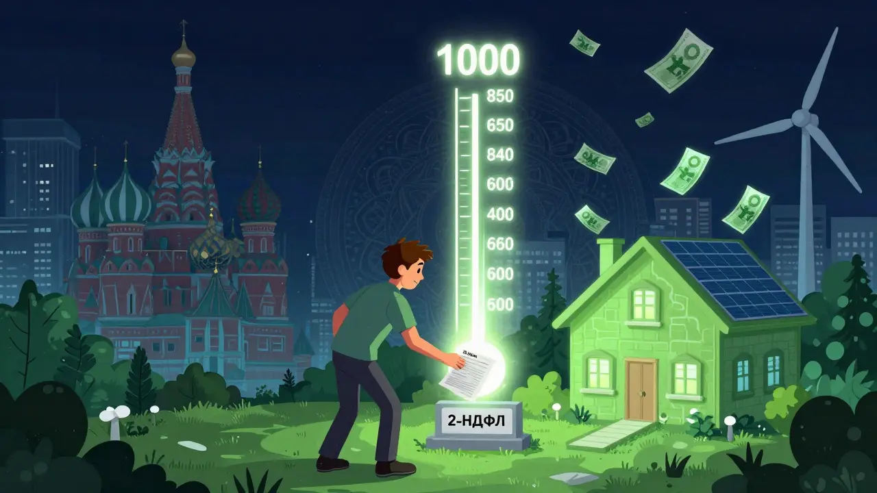 Рост кредитного рейтинга с 600 до 850 баллов, человек загружает документы, за ним — энергоэффективный дом с солнечными панелями.