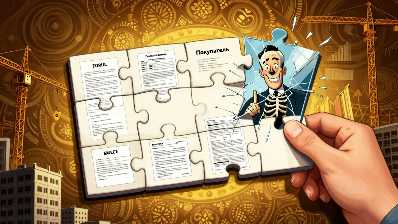 Рукой собирается головоломка из документов, подтверждающих надежность застройщика, один элемент — зеркало с тенью мошенника.