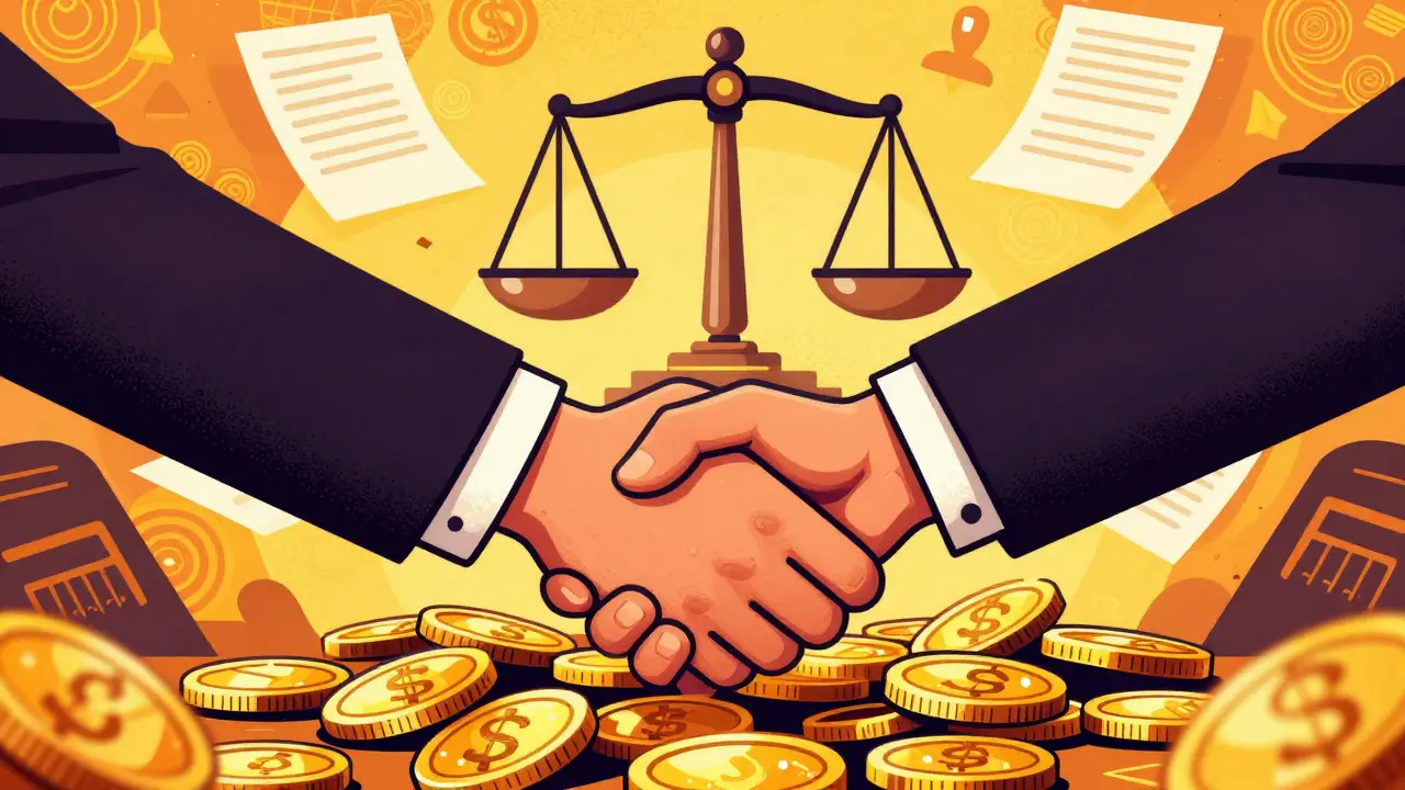 Рукопожатие при сделке с монетами и весами справедливости.