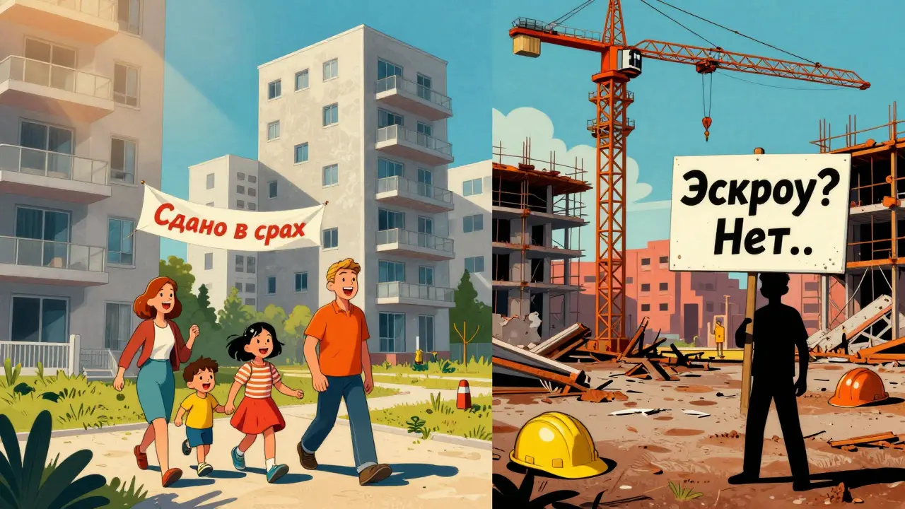 Счастливые жильцы в сданном доме против заброшенной стройки с пустыми касками и надписью 'Эскроу? Нет'.