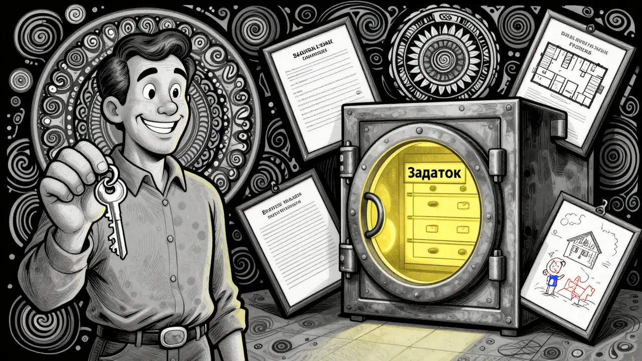 Сделка защищена задатком: ключ, нотариальное согласие и план квартиры в безопасной банковской ячейке.