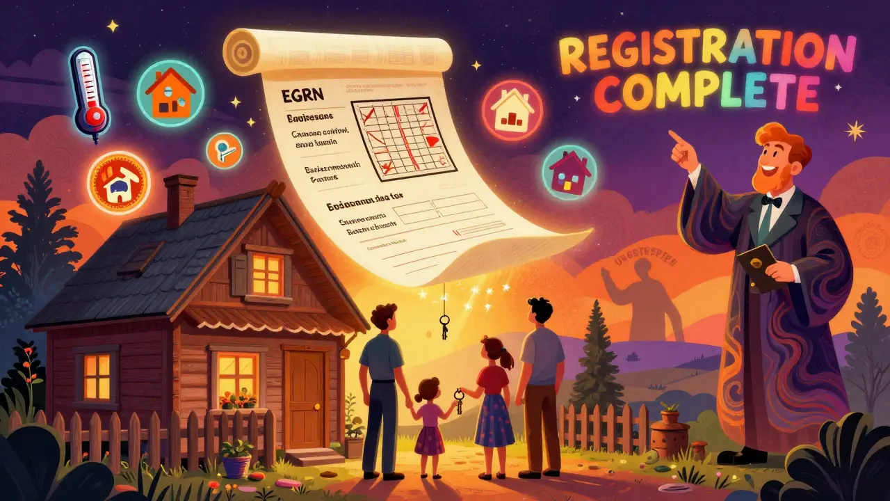 Семья принимает дом, над ними развернутый свиток с документами, в стиле психоделической иллюстрации с радужными оттенками.