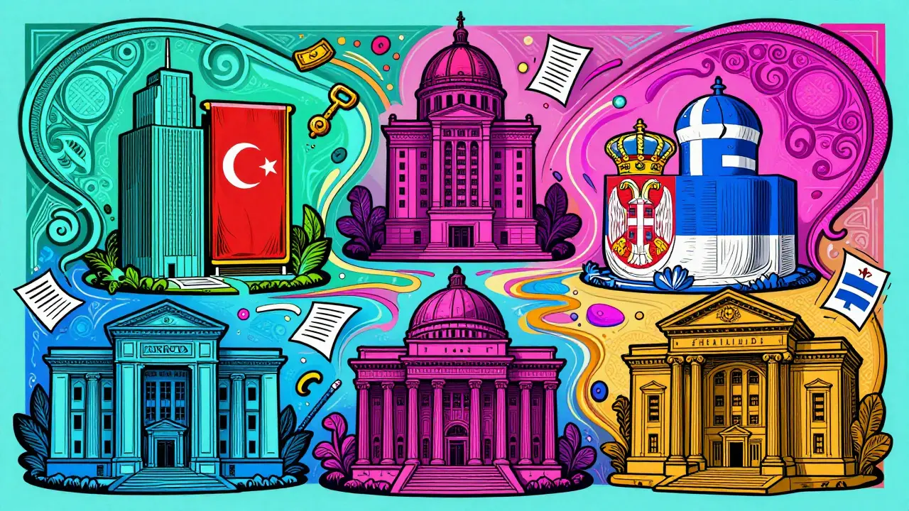 Сравнение стран для инвестиций в недвижимость с архитектурными силуэтами