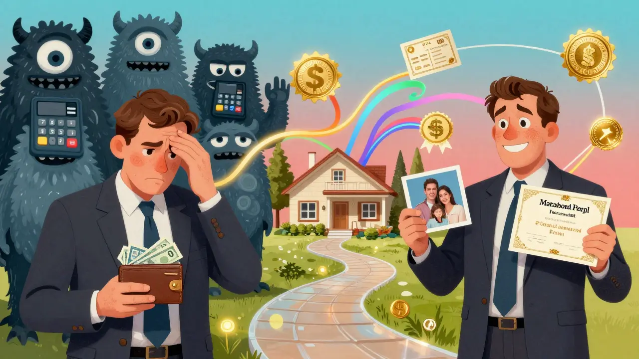 Сравнение стресса и надежды: один человек с маленькой суммой денег, другой — с семейной фотографией и сертификатом, путь ведет к дому в Перми.