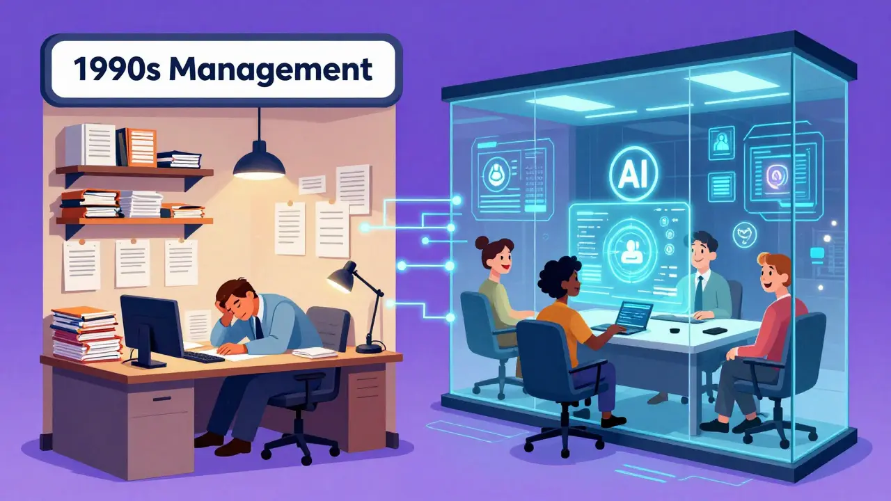 Сравнение устаревшего управления с современным: бумажки и сон против голографических отчетов и автоматизированного ценообразования.