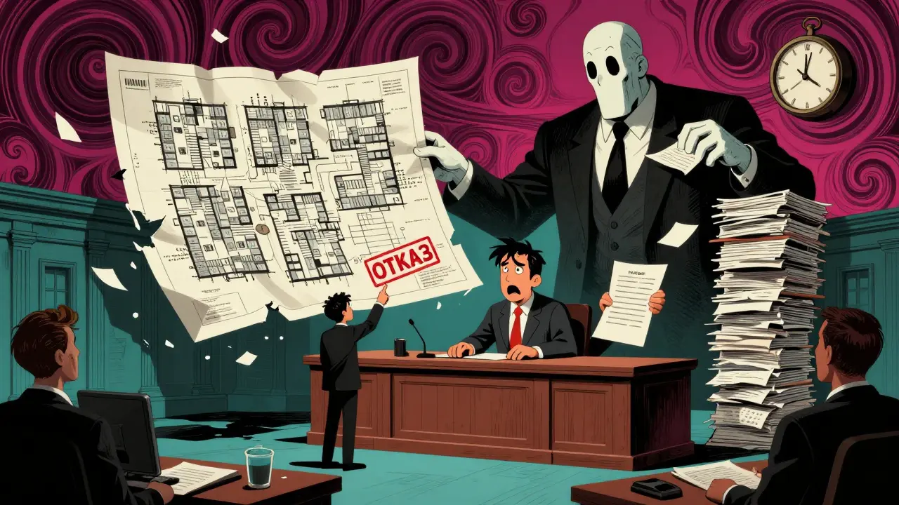 Судебное заседание: огромный план квартиры рушится, покупатель стоит перед лицом чиновника из бумаг, в воздухе — часы и штамп 'Отказ'.