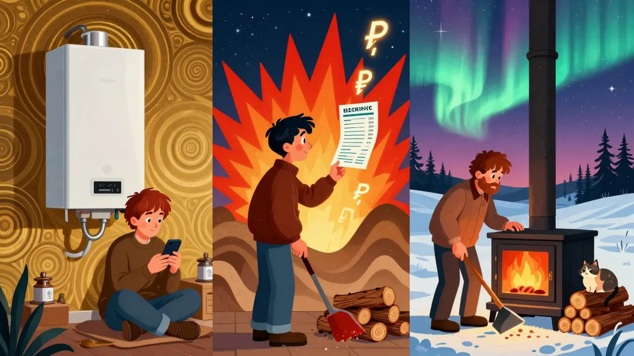 Три человека с разными системами отопления: один управляет газом, второй паникует перед счетом за электричество, третий подкладывает дрова.