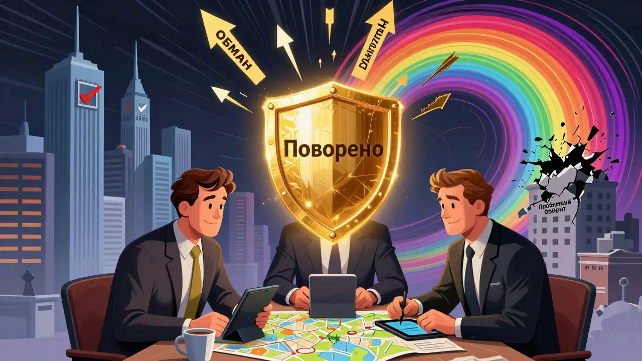 Три покупателя защищены щитом проверки, позади — разрушающийся проблемный объект под психоделическим штормом.