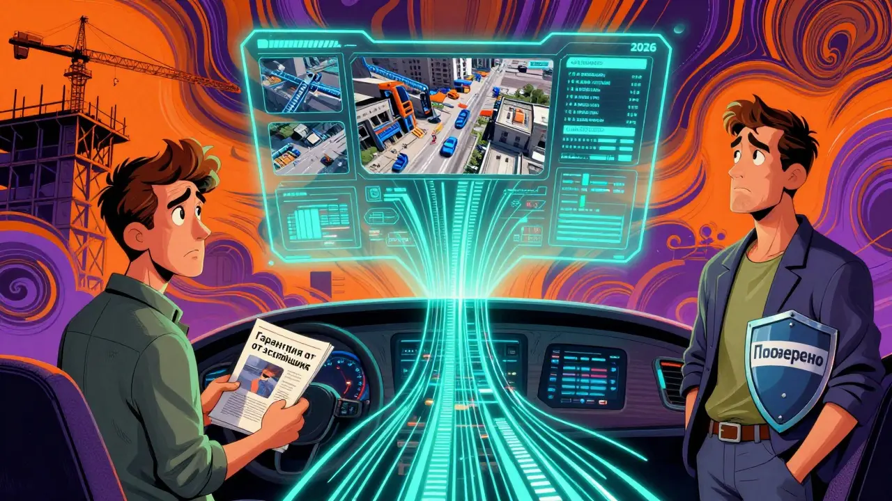 В 2026 году ИИ-панель анализирует стройку, один покупатель защищен, другой верит рекламе — стиль ярких волнистых линий.