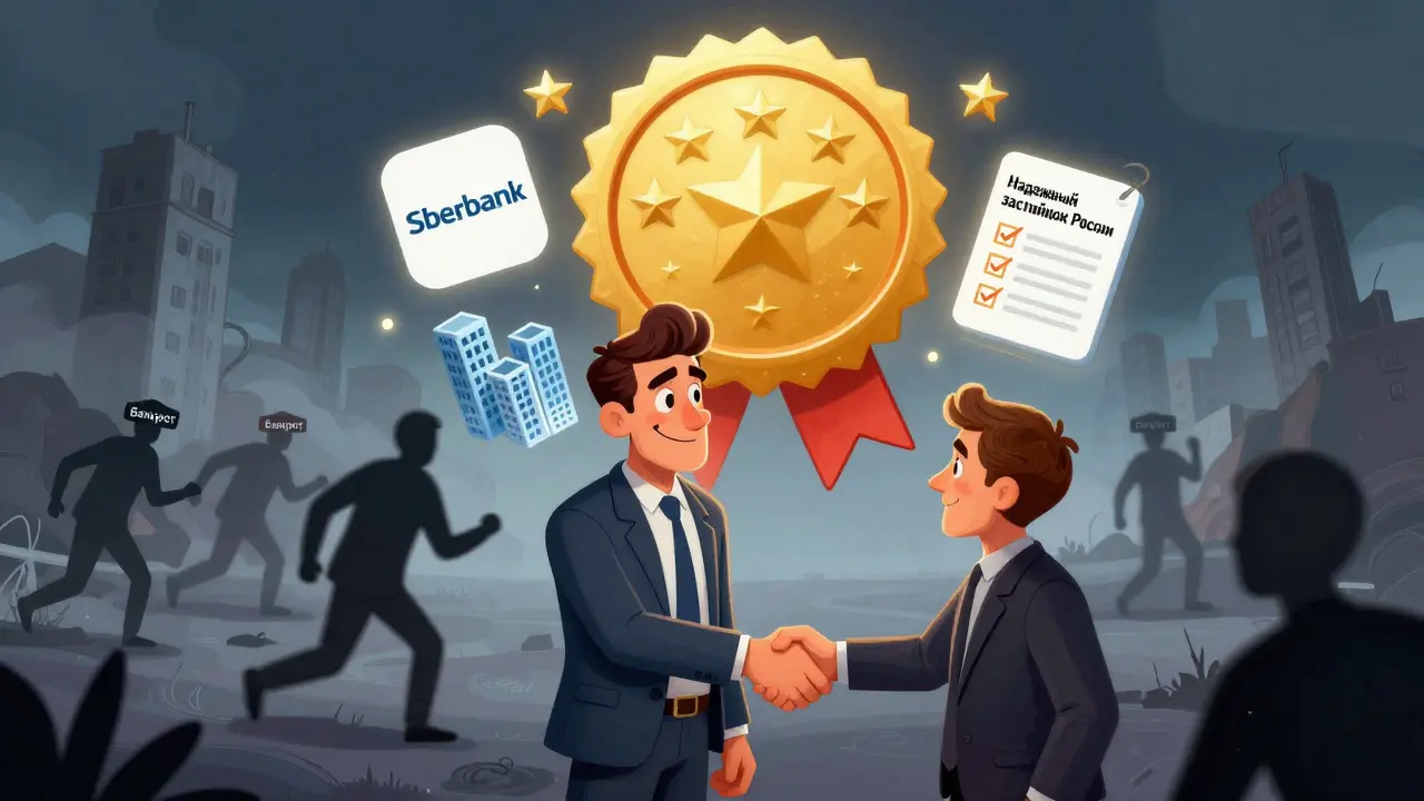 Застройщик с пятью звездами и логотипами банков, награда и три завершенных дома, тени провалов позади.