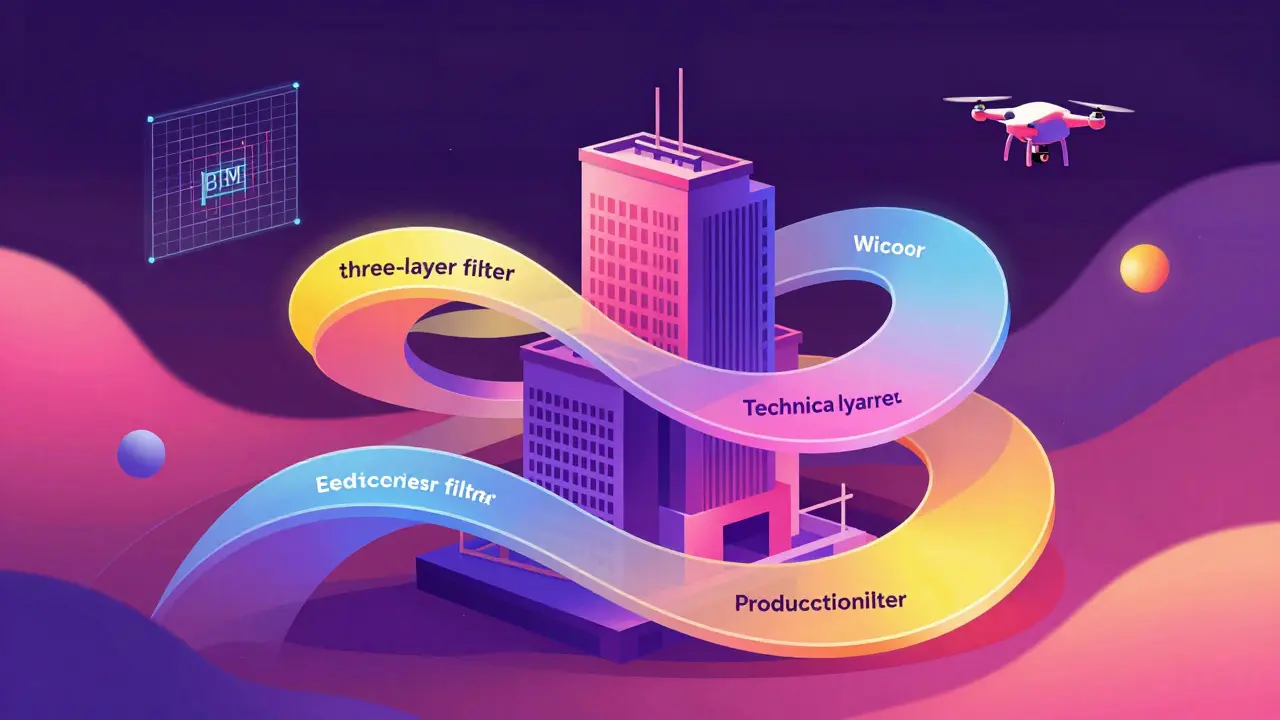 Абстрактная иллюстрация трех уровней контроля качества на стройке с использованием BIM-моделей.