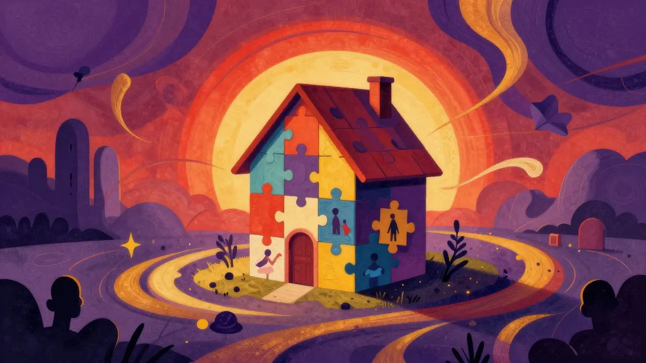 Абстрактное изображение квартиры как пазла из долей собственности в стиле Уэса Уилсона