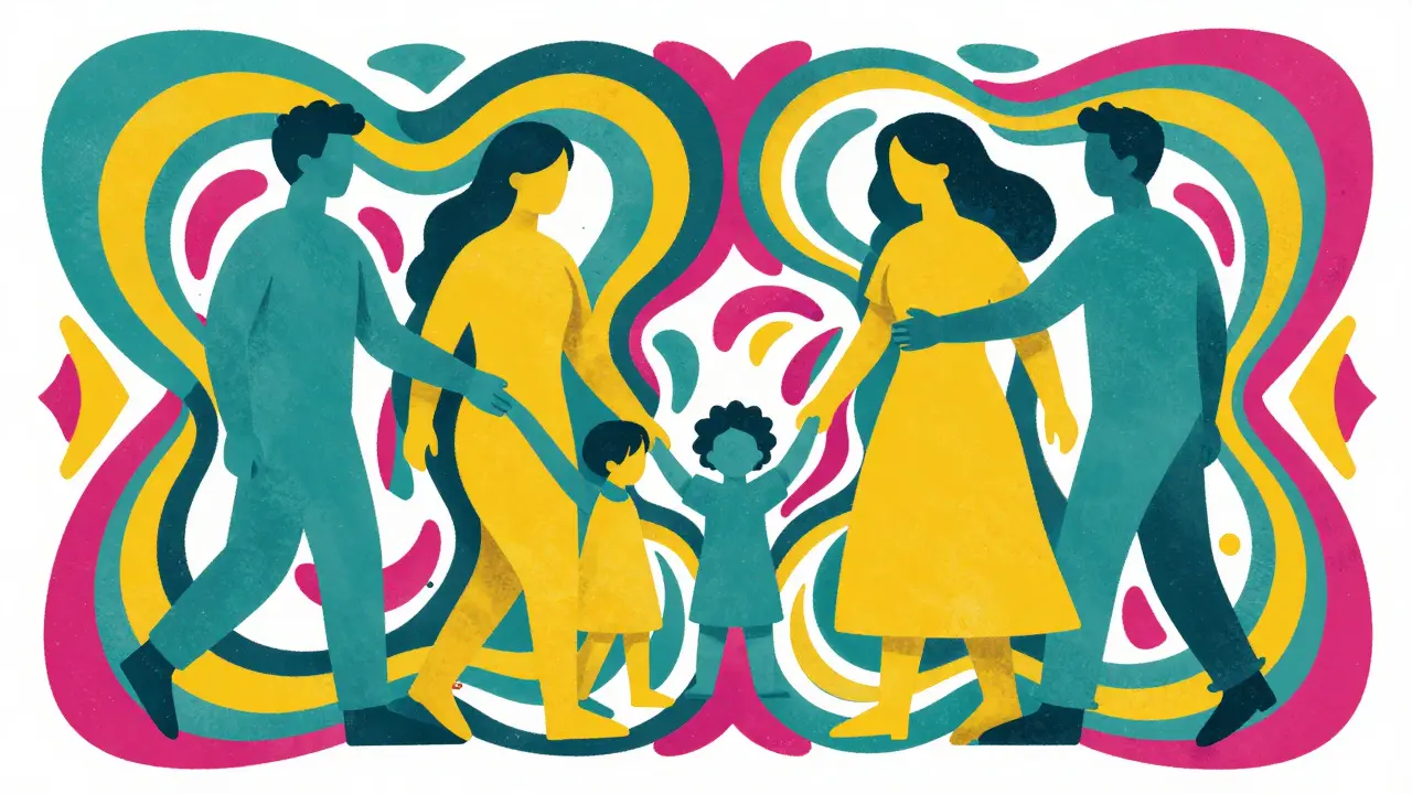 Абстрактное изображение семьи и прав собственности в психоделическом стиле