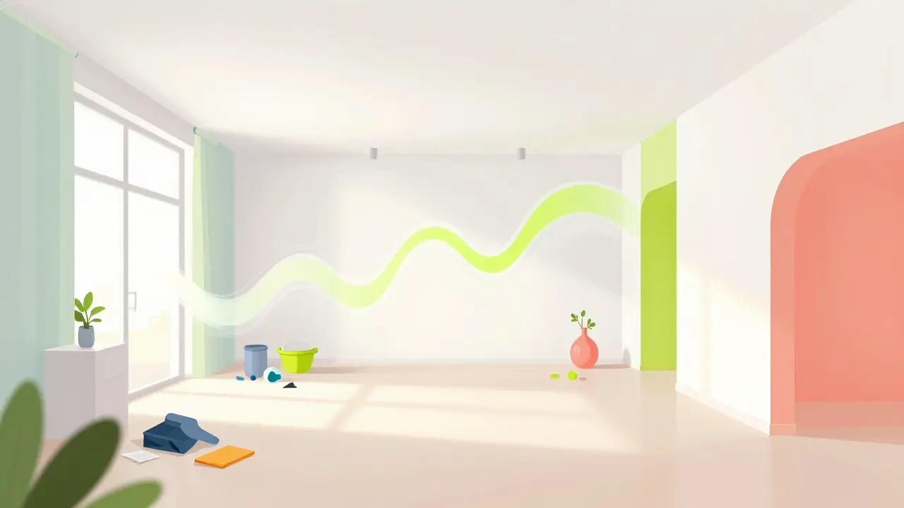 Яркая иллюстрация чистого и просторного интерьера квартиры в стиле Веса Уилсона