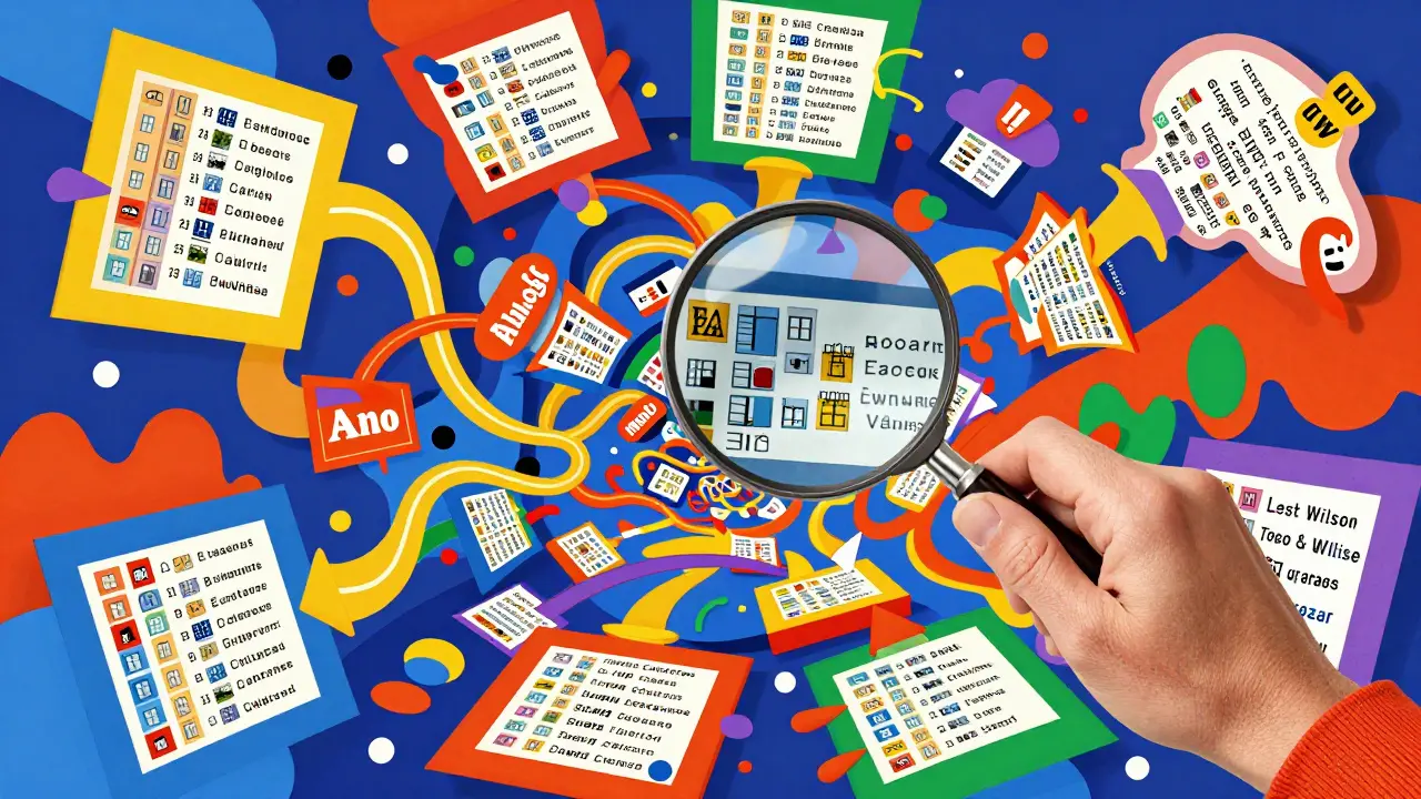 Человек анализирует множество объявлений о продаже квартир, используя увеличительное стекло в сюрреалистичном стиле.