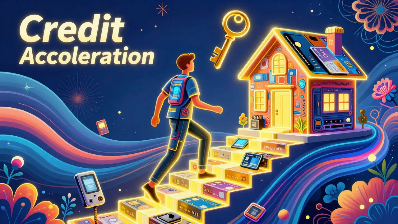 Человек поднимается по лестнице из кредитных карт к золотому ключу в ярком иллюстративном стиле