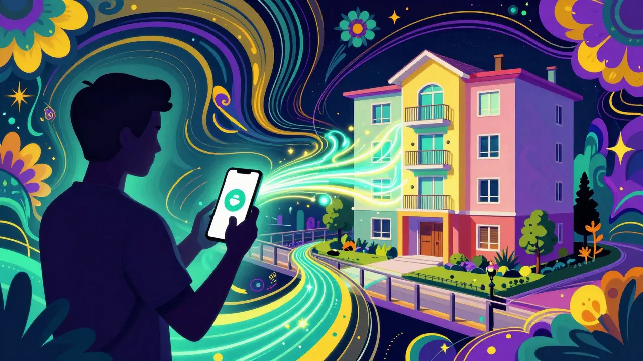 Человек со смартфоном и светящийся путь к новому дому в стиле поп-арт иллюстрации