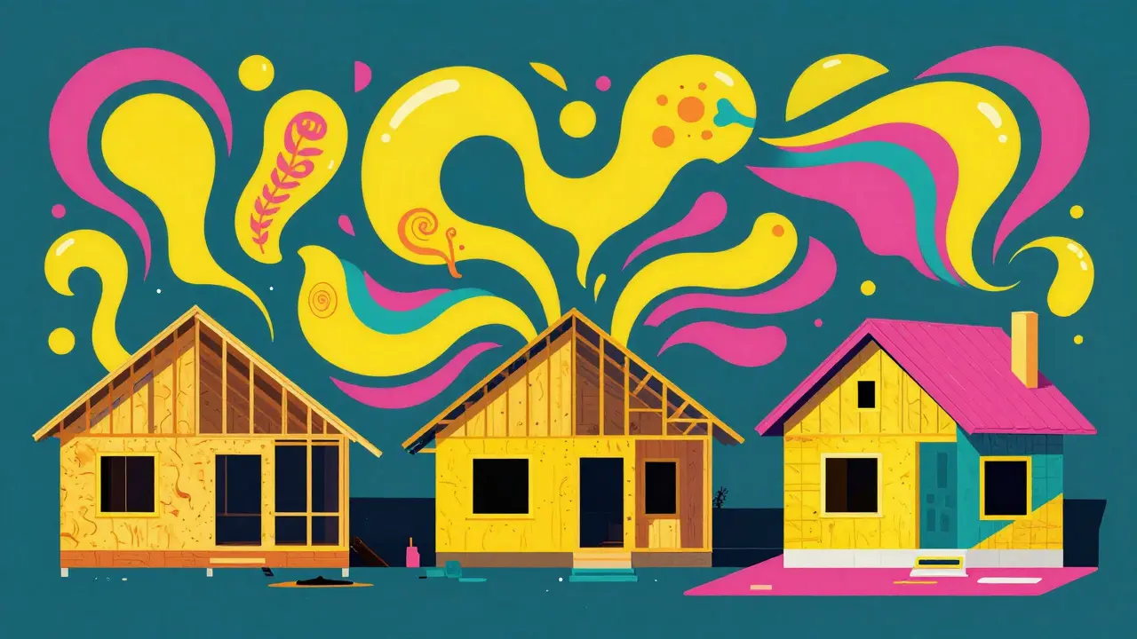 Этапы строительства дома с плавными линиями и яркими цветами