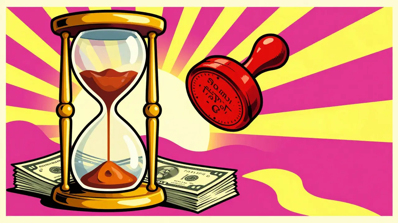 Песочные часы и деньги с печатью на психоделическом фоне.