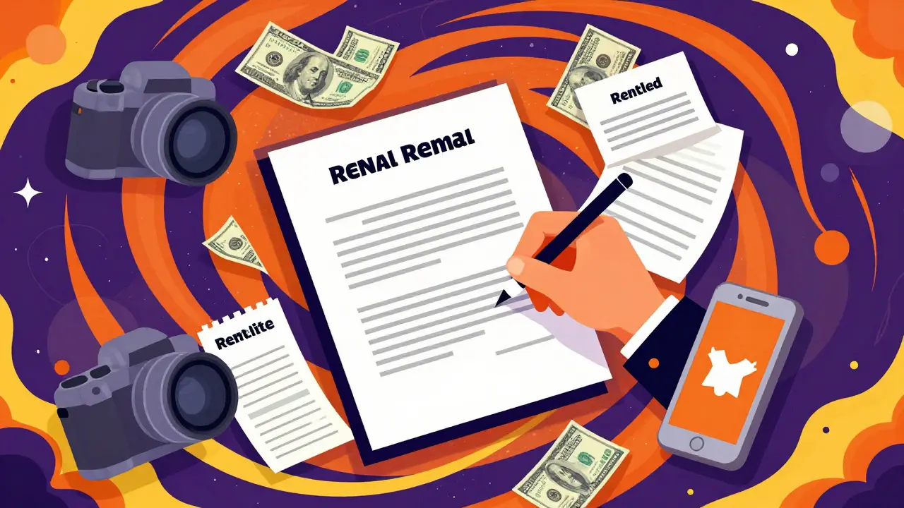 Подписание договора аренды и фиксация залога в ярком графическом стиле