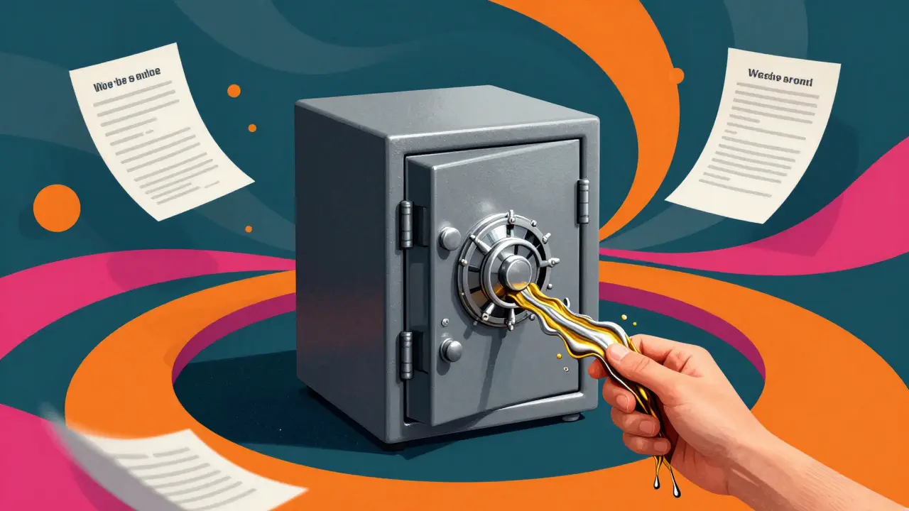 Психоделическая иллюстрация банковской ячейки, в которую вливаются потоки золота