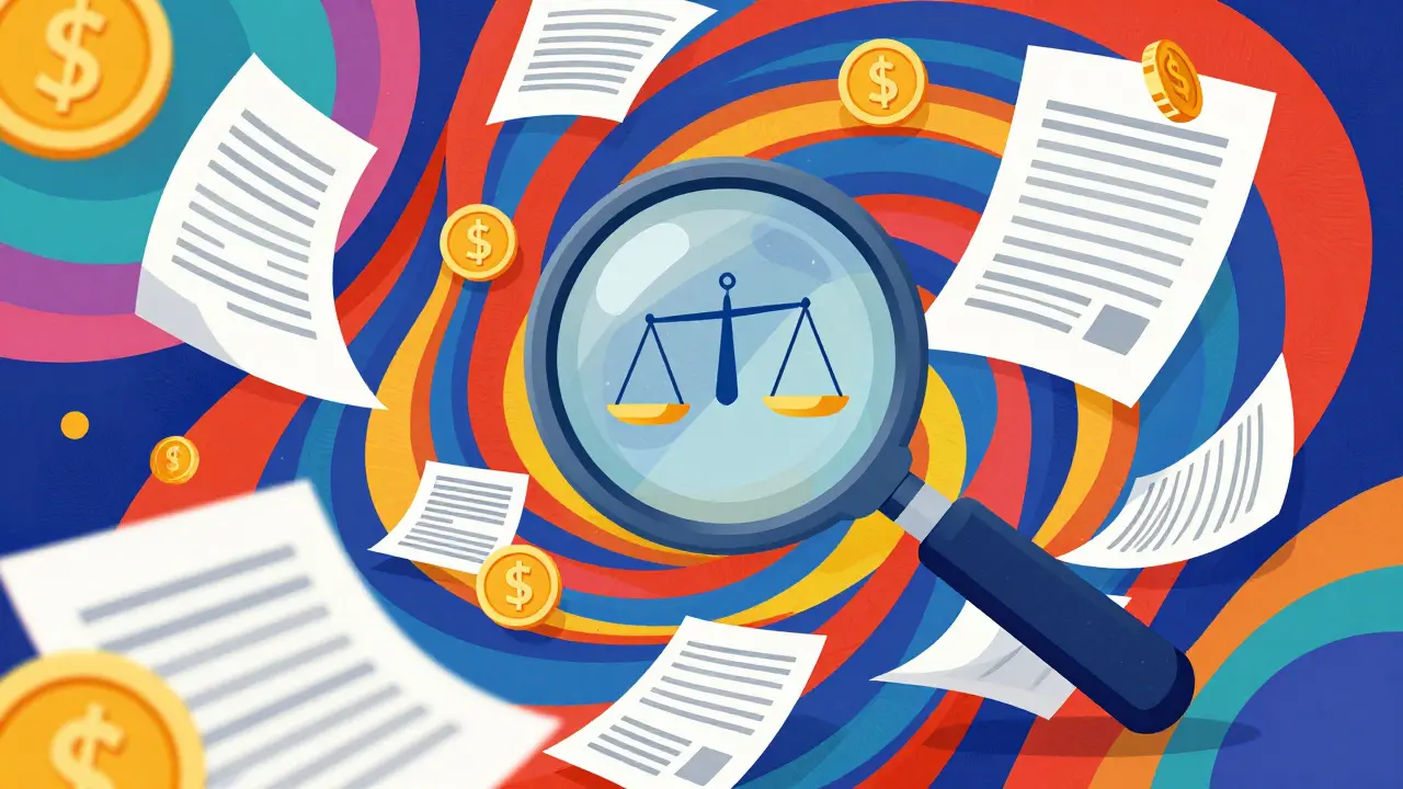 Психоделическое изображение лупы, изучающей финансовые документы и золотые монеты.