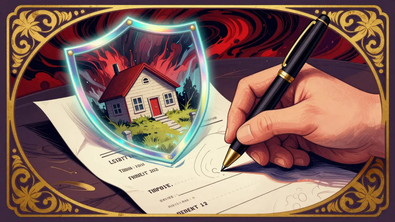 Рука пишет расписку, которая превращается в защитный щит для дома в психоделическом стиле