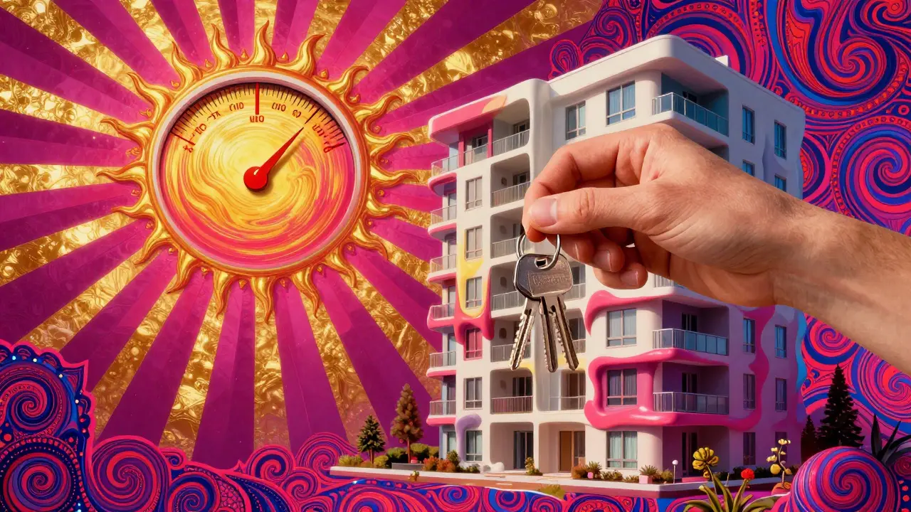 Счастливый человек с ключами от квартиры на фоне светящегося кредитного рейтинга