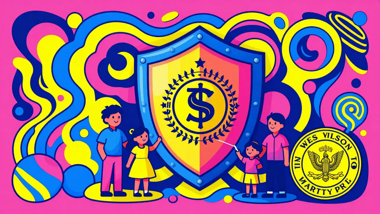 Семья под защитой документов о собственности в стиле психоделического плаката