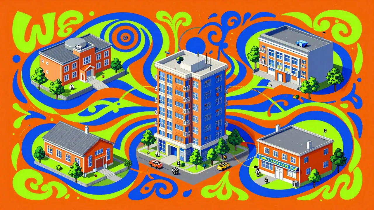 Схематичное изображение инфраструктуры района с магазинами и школой в психоделическом стиле
