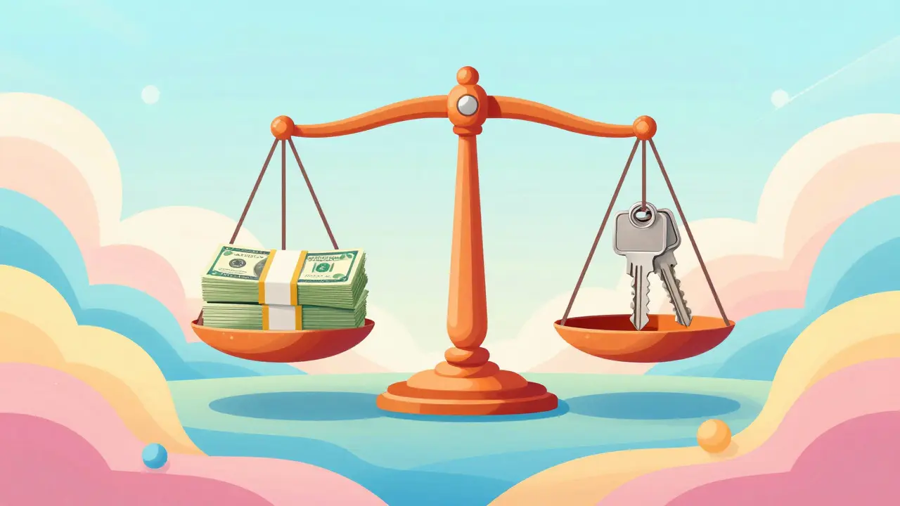 Символическое изображение успешного возврата залога в виде весов с деньгами и ключами